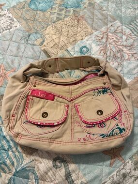 Y2K Vintage Lei Beige Canvas Shoulder Bag with Pink Trim